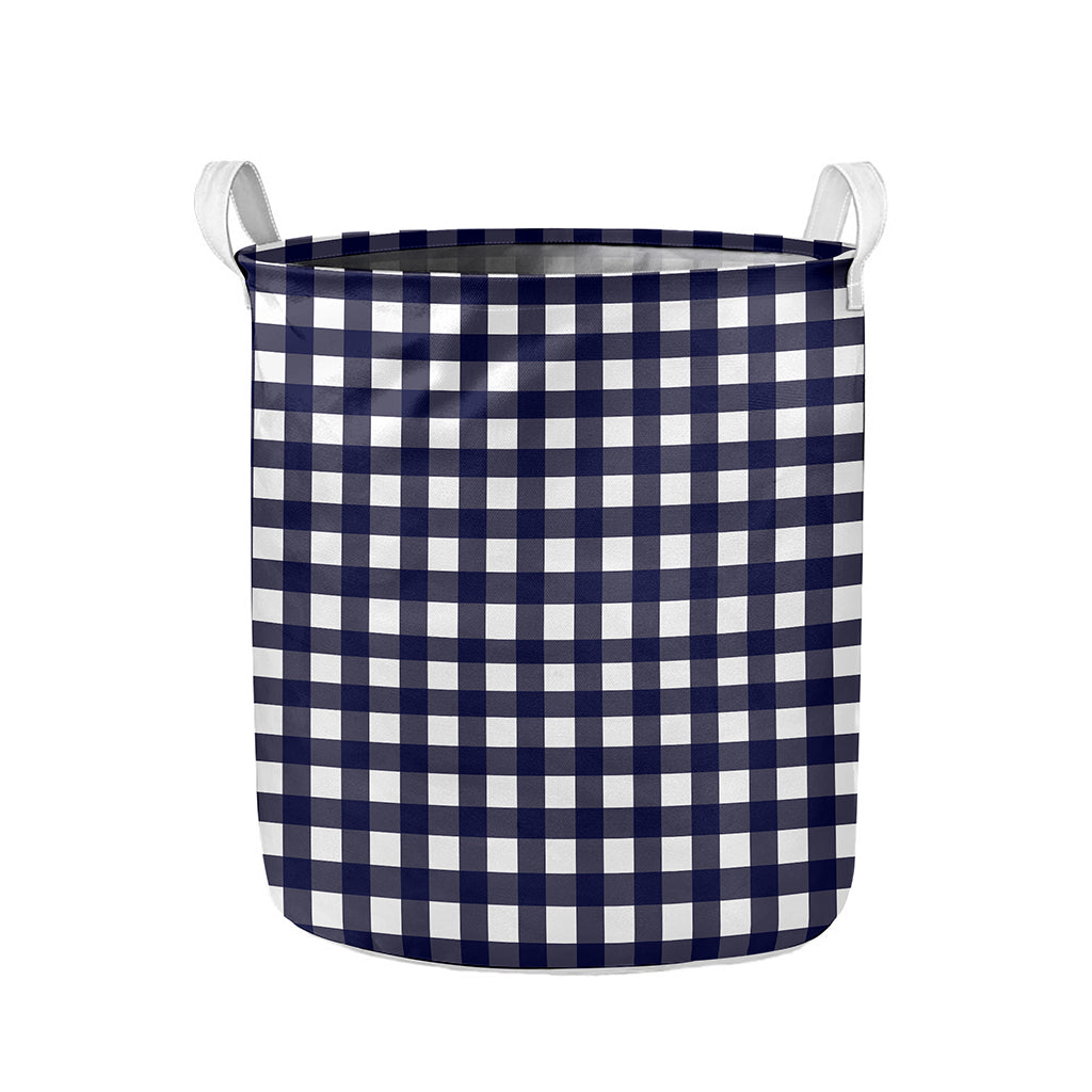 Navy And White Check Pattern Print Collapsible Laundry Basket