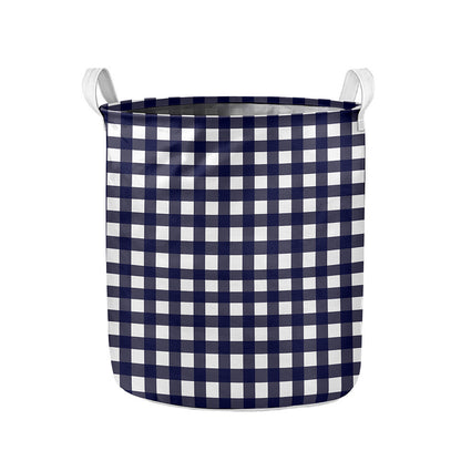 Navy And White Check Pattern Print Collapsible Laundry Basket
