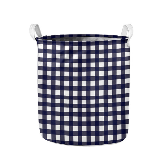 Navy And White Check Pattern Print Collapsible Laundry Basket