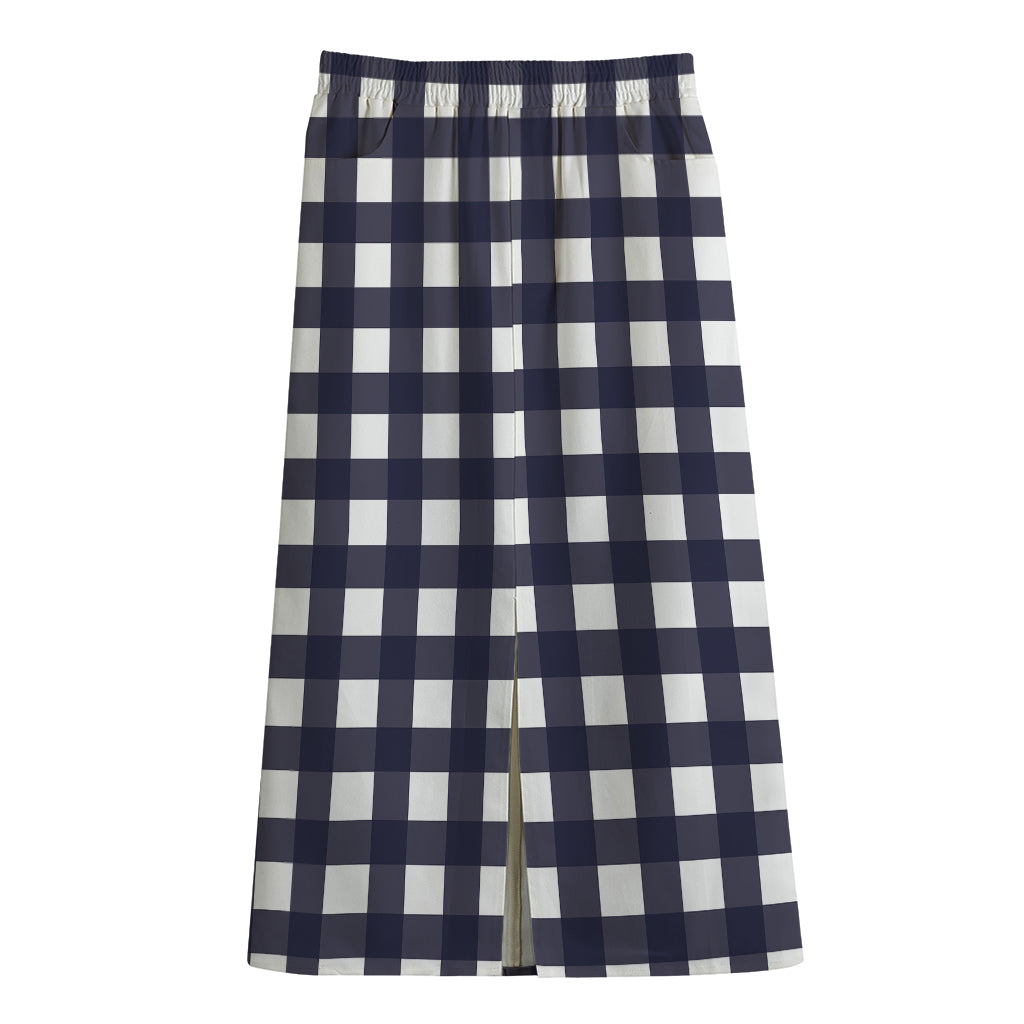 Navy And White Check Pattern Print Cotton Front Slit Maxi Skirt