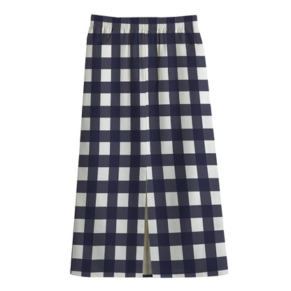 Navy And White Check Pattern Print Cotton Front Slit Maxi Skirt