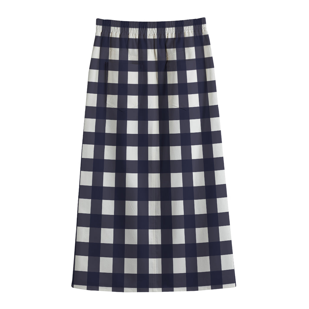 Navy And White Check Pattern Print Cotton Front Slit Maxi Skirt