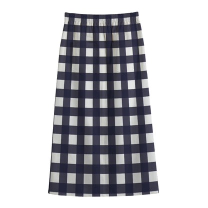 Navy And White Check Pattern Print Cotton Front Slit Maxi Skirt