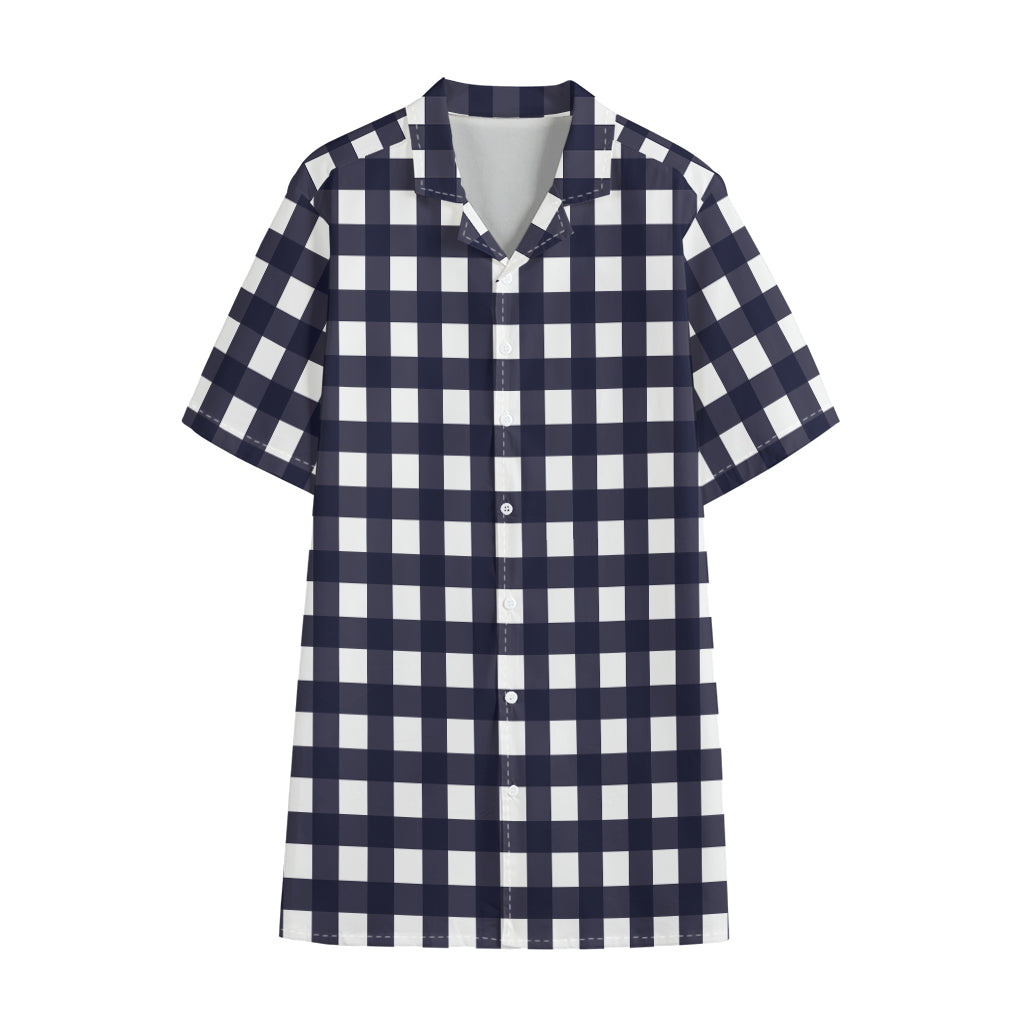 Navy And White Check Pattern Print Cotton Hawaiian Shirt