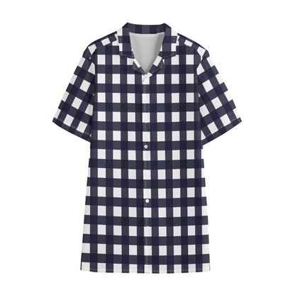 Navy And White Check Pattern Print Cotton Hawaiian Shirt