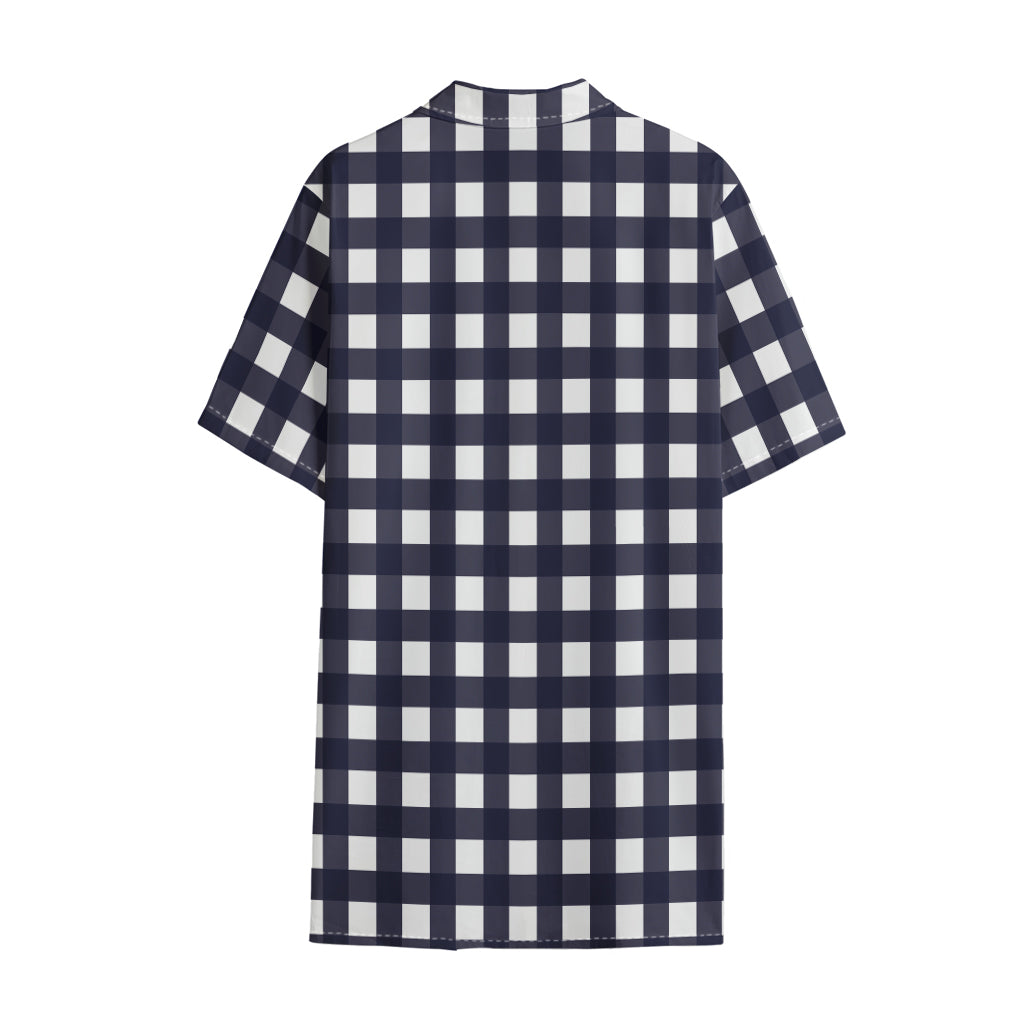 Navy And White Check Pattern Print Cotton Hawaiian Shirt