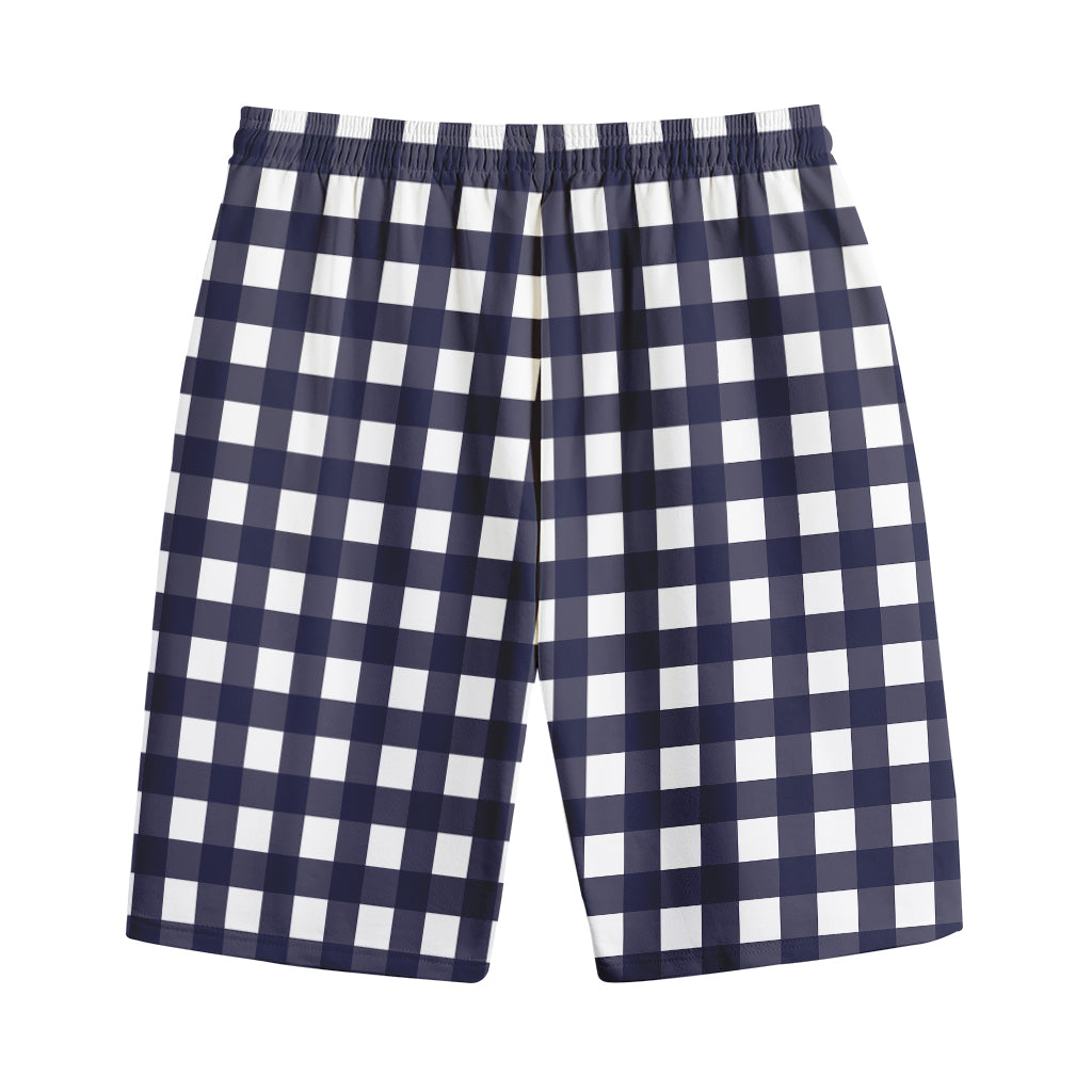 Navy And White Check Pattern Print Cotton Shorts