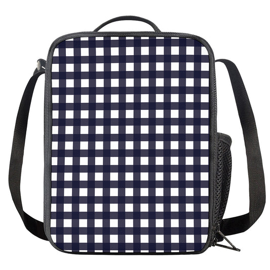 Navy And White Check Pattern Print Crossbody Lunch Bag