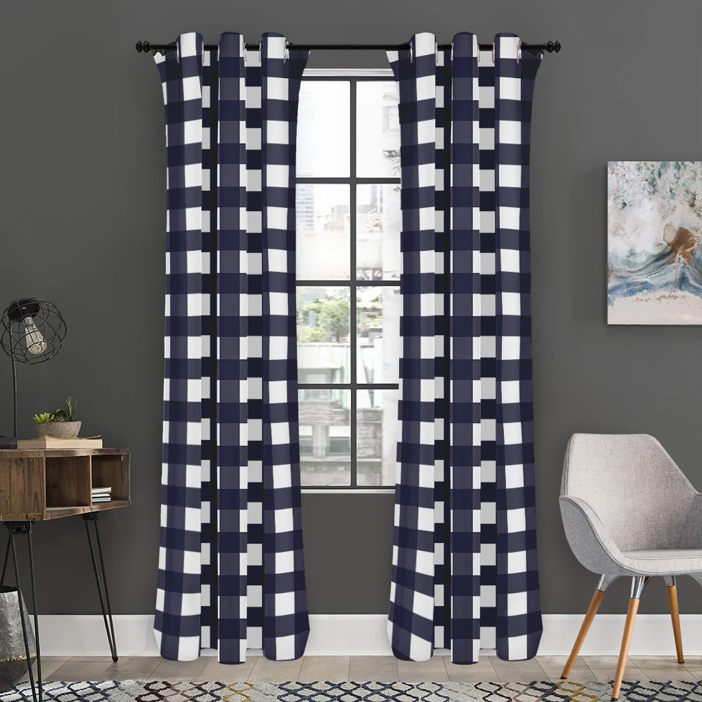 Navy And White Check Pattern Print Curtain