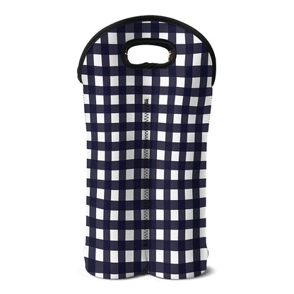 Navy And White Check Pattern Print Double Neoprene Wine Tote