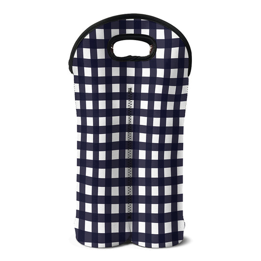 Navy And White Check Pattern Print Double Neoprene Wine Tote