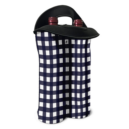 Navy And White Check Pattern Print Double Neoprene Wine Tote