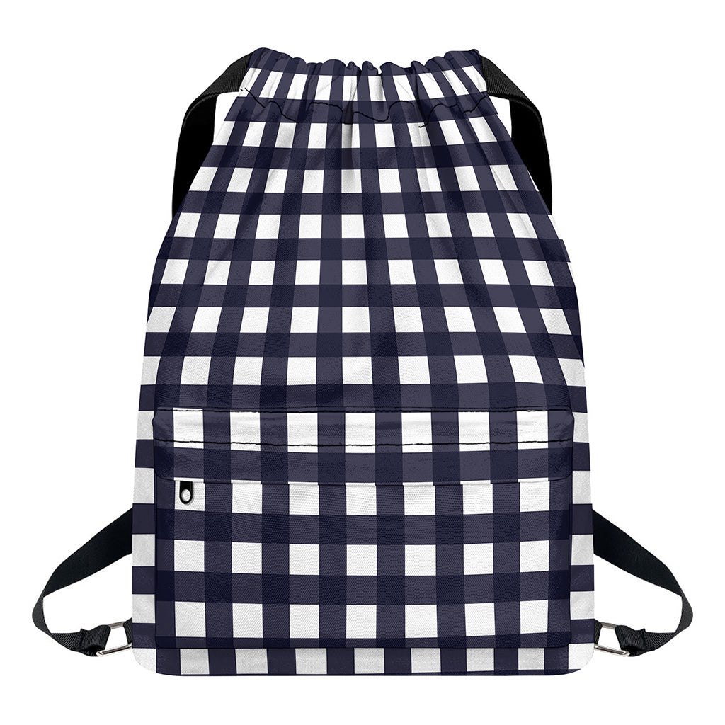 Navy And White Check Pattern Print Drawstring Backpack