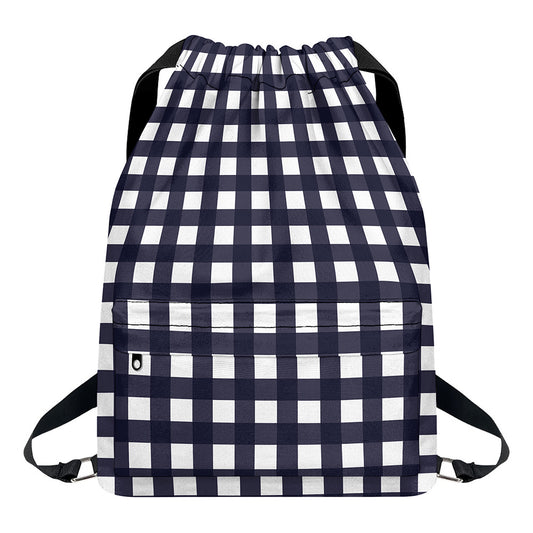 Navy And White Check Pattern Print Drawstring Backpack