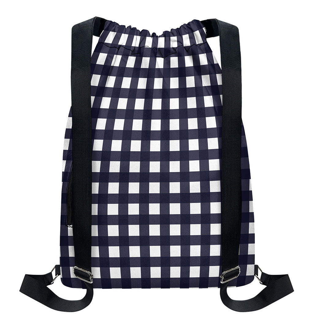 Navy And White Check Pattern Print Drawstring Backpack