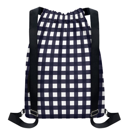 Navy And White Check Pattern Print Drawstring Backpack
