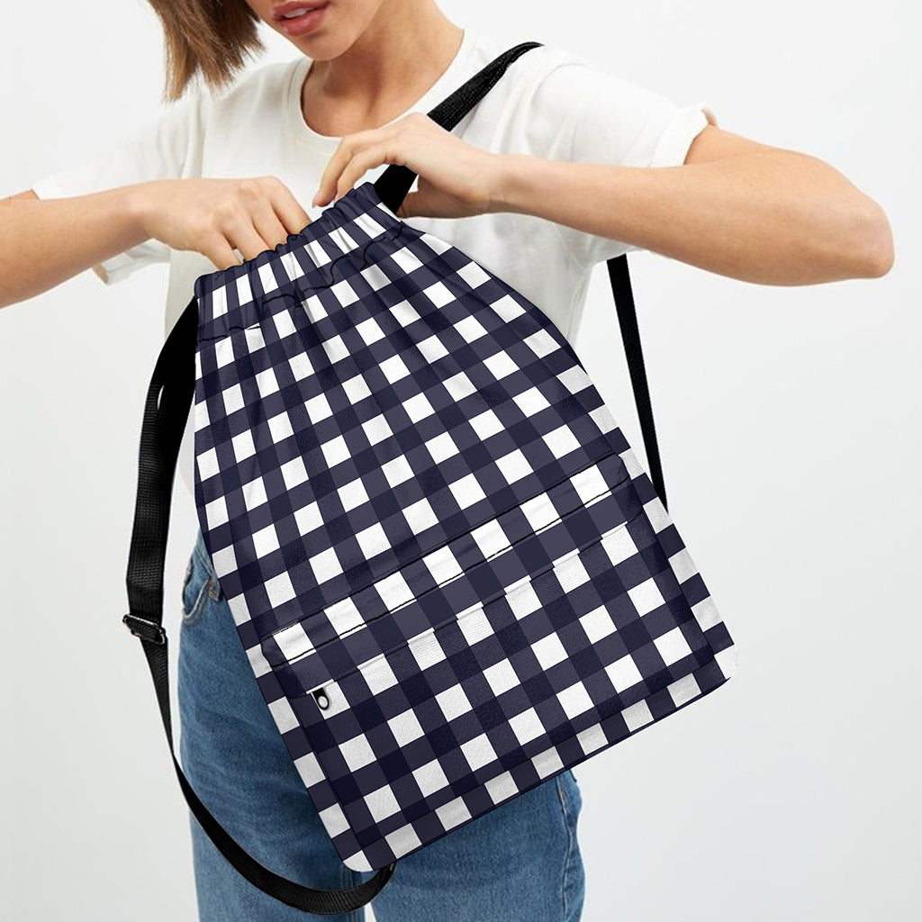 Navy And White Check Pattern Print Drawstring Backpack