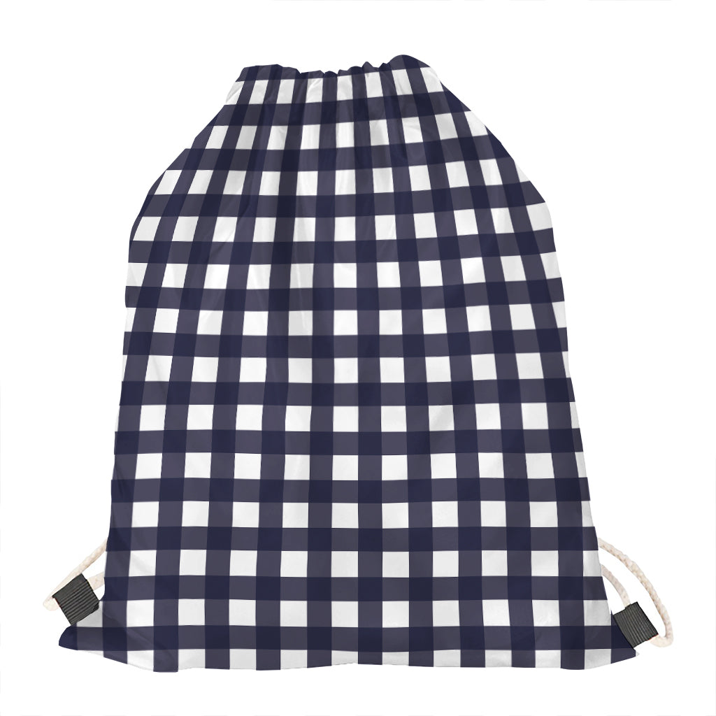 Navy And White Check Pattern Print Drawstring Bag