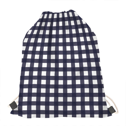 Navy And White Check Pattern Print Drawstring Bag