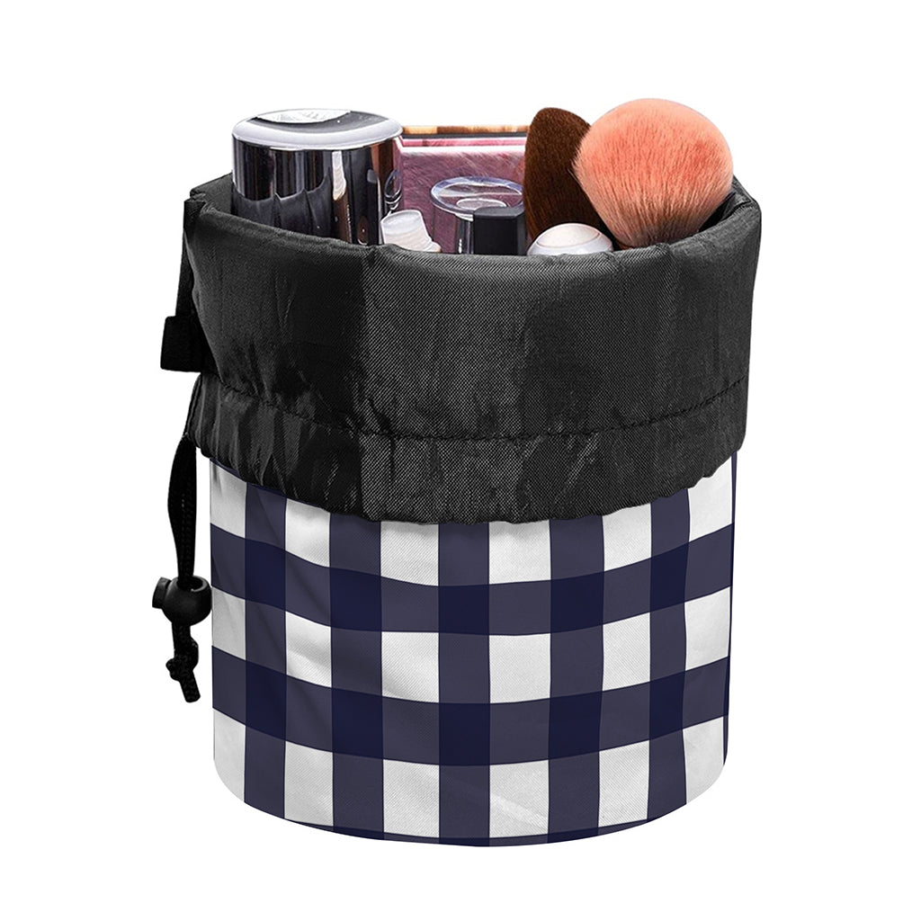 Navy And White Check Pattern Print Drawstring Makeup Bag