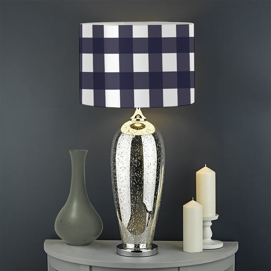 Navy And White Check Pattern Print Drum Lamp Shade