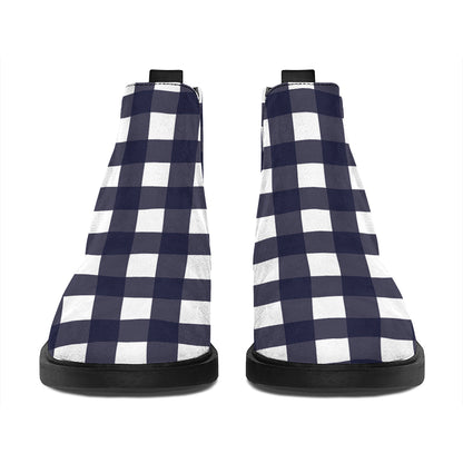 Navy And White Check Pattern Print Flat Ankle Boots