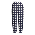 Navy And White Check Pattern Print Fleece Lined Knit Pants