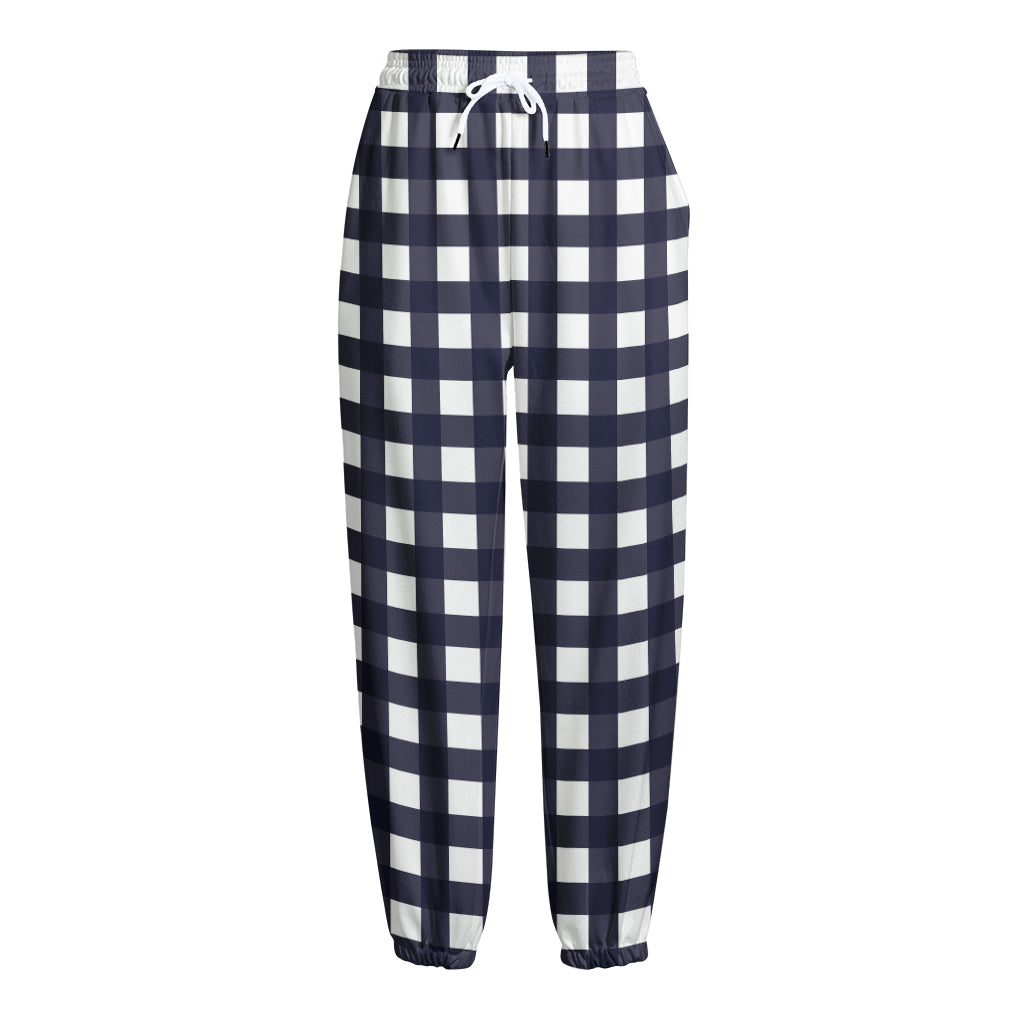 Navy And White Check Pattern Print Fleece Lined Knit Pants