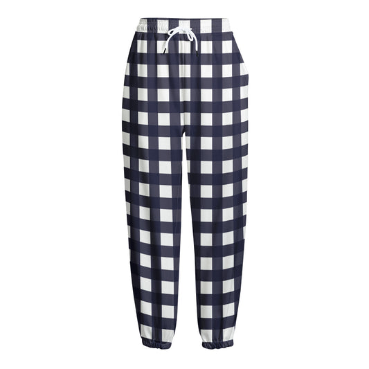 Navy And White Check Pattern Print Fleece Lined Knit Pants