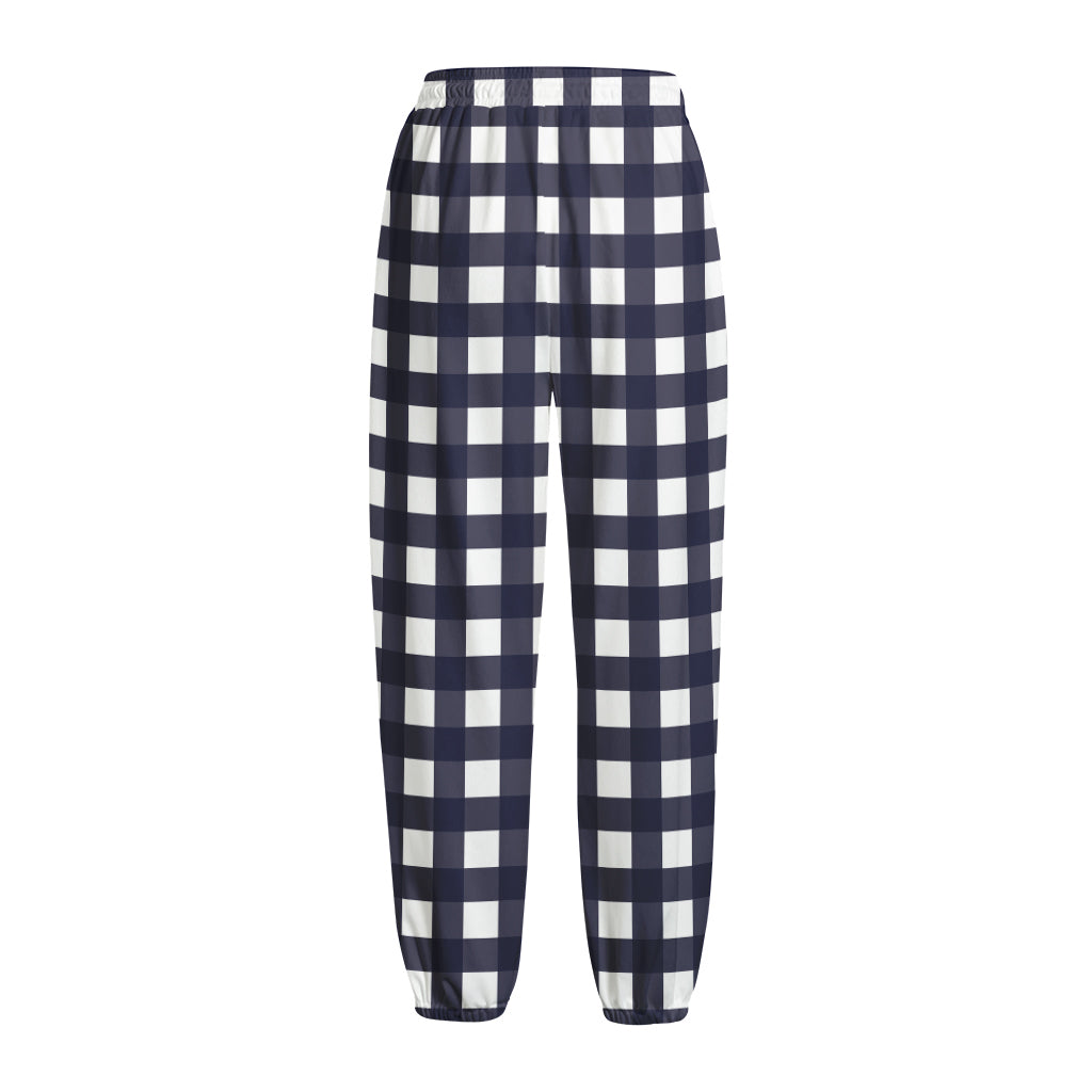 Navy And White Check Pattern Print Fleece Lined Knit Pants