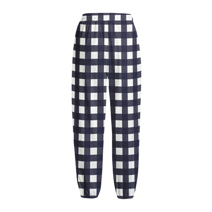 Navy And White Check Pattern Print Fleece Lined Knit Pants