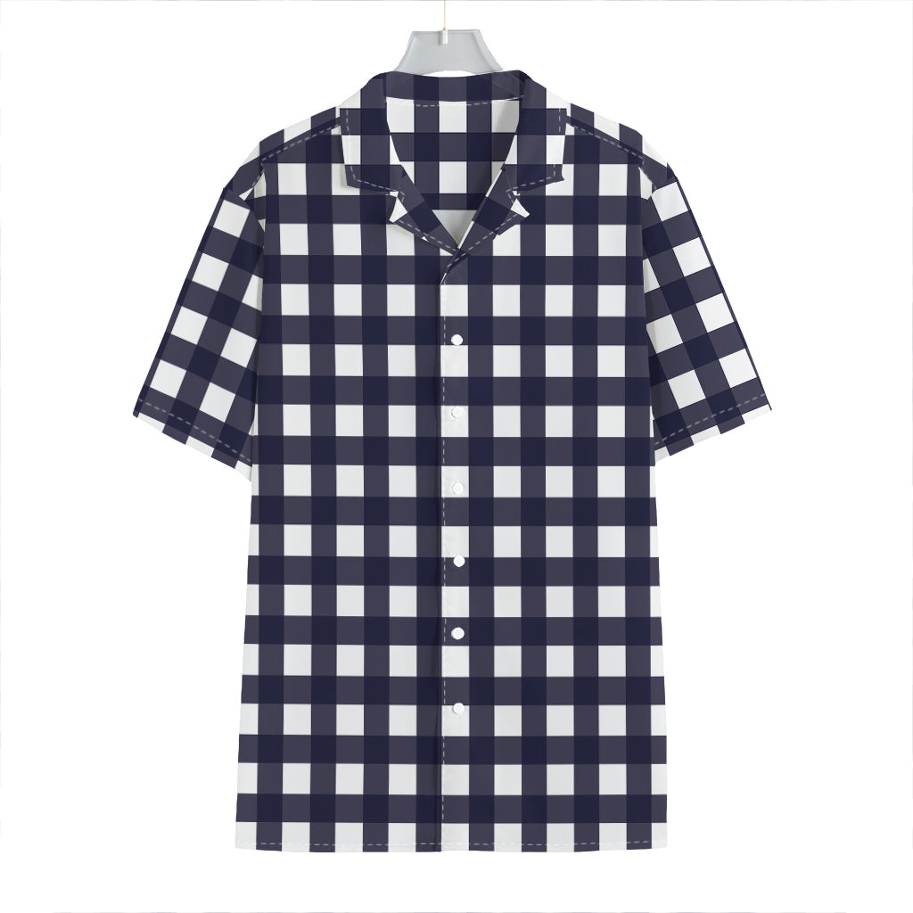 Navy And White Check Pattern Print Hawaiian Shirt