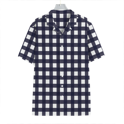 Navy And White Check Pattern Print Hawaiian Shirt