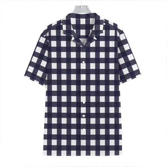 Navy And White Check Pattern Print Hawaiian Shirt