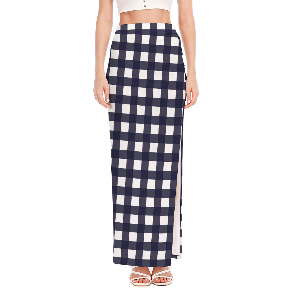 Navy And White Check Pattern Print High Slit Maxi Skirt