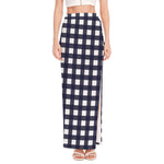 Navy And White Check Pattern Print High Slit Maxi Skirt