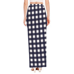 Navy And White Check Pattern Print High Slit Maxi Skirt