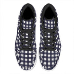 Navy And White Check Pattern Print High Top Leather Sneakers