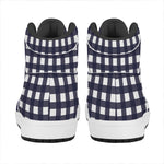 Navy And White Check Pattern Print High Top Leather Sneakers