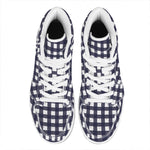 Navy And White Check Pattern Print High Top Leather Sneakers