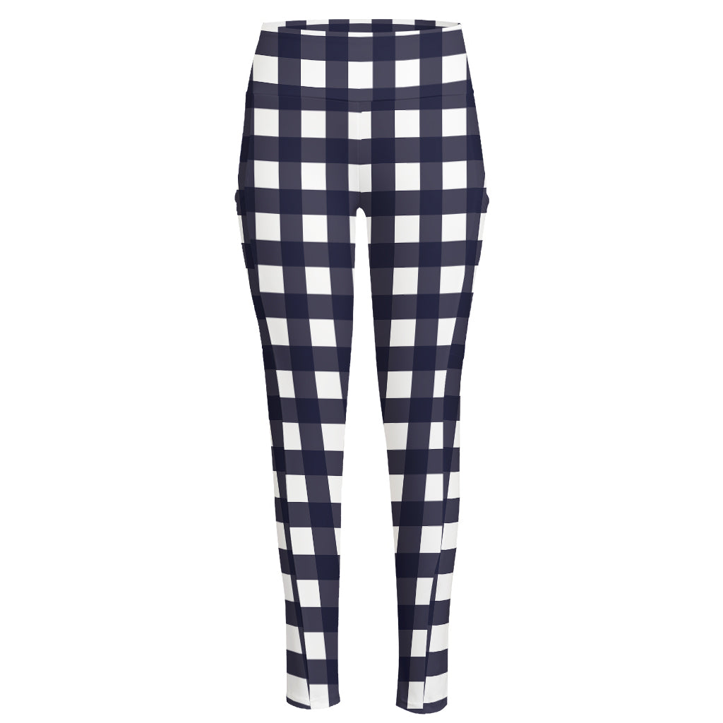Navy And White Check Pattern Print High-Waisted Pocket Leggings