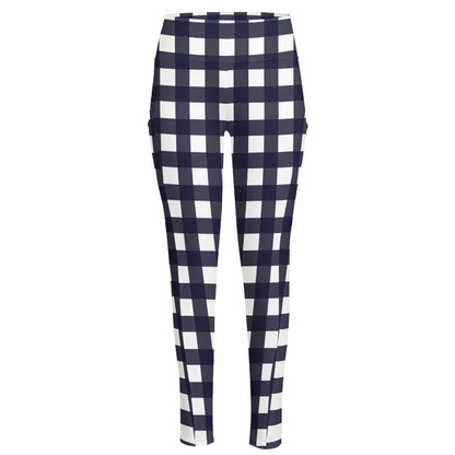 Navy And White Check Pattern Print High-Waisted Pocket Leggings