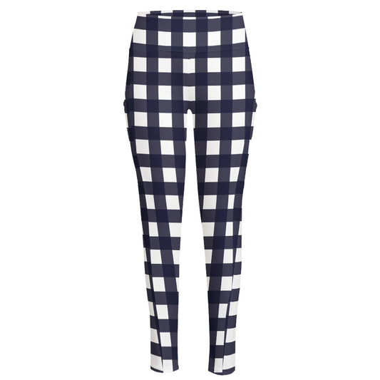 Navy And White Check Pattern Print High-Waisted Pocket Leggings