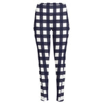 Navy And White Check Pattern Print High-Waisted Pocket Leggings