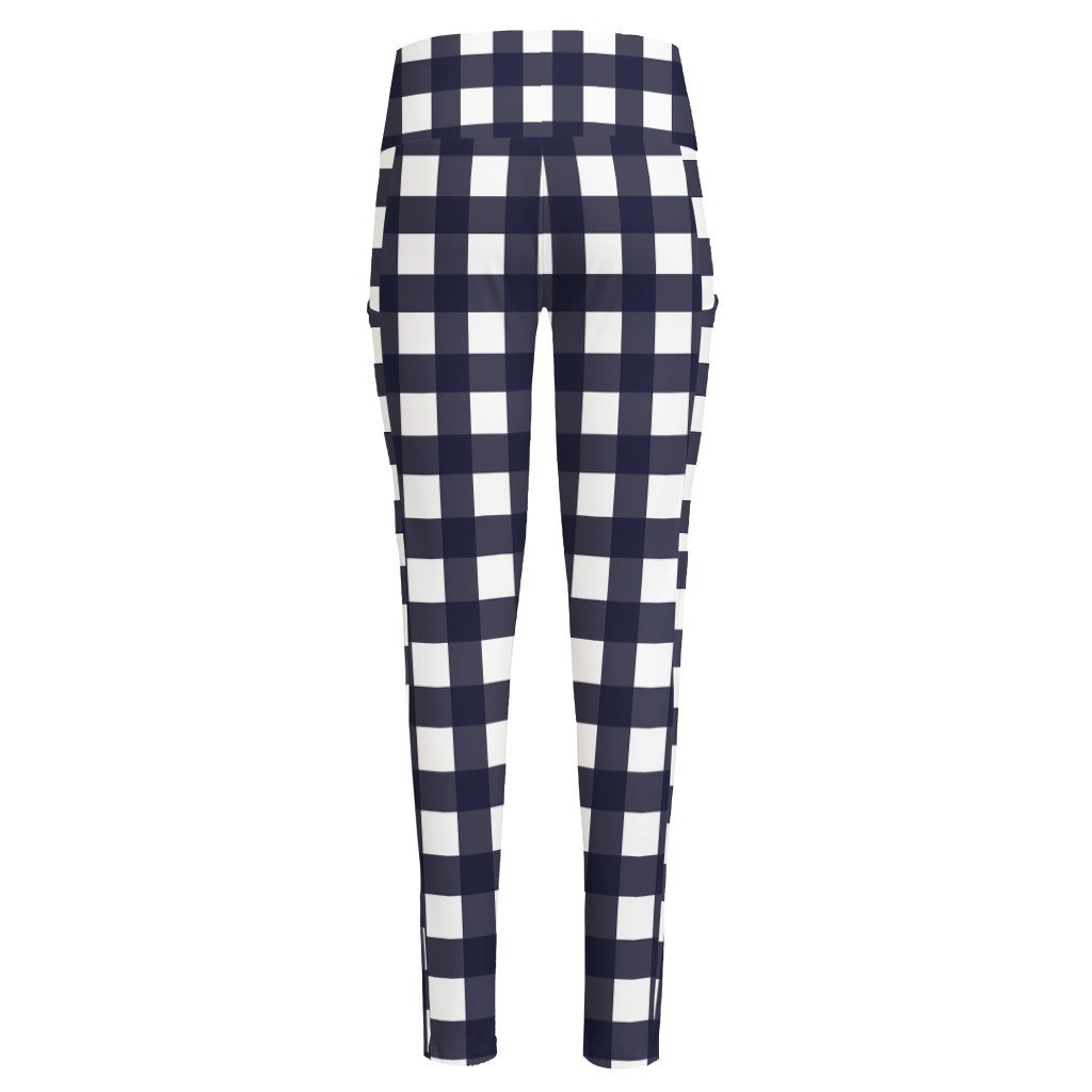 Navy And White Check Pattern Print High-Waisted Pocket Leggings