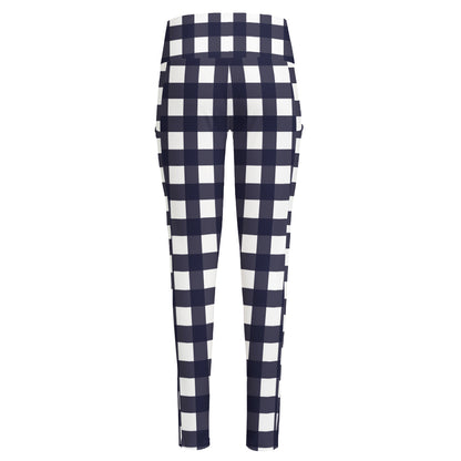 Navy And White Check Pattern Print High-Waisted Pocket Leggings