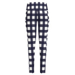 Navy And White Check Pattern Print High-Waisted Pocket Leggings