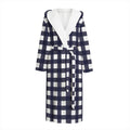 Navy And White Check Pattern Print Hooded Bathrobe