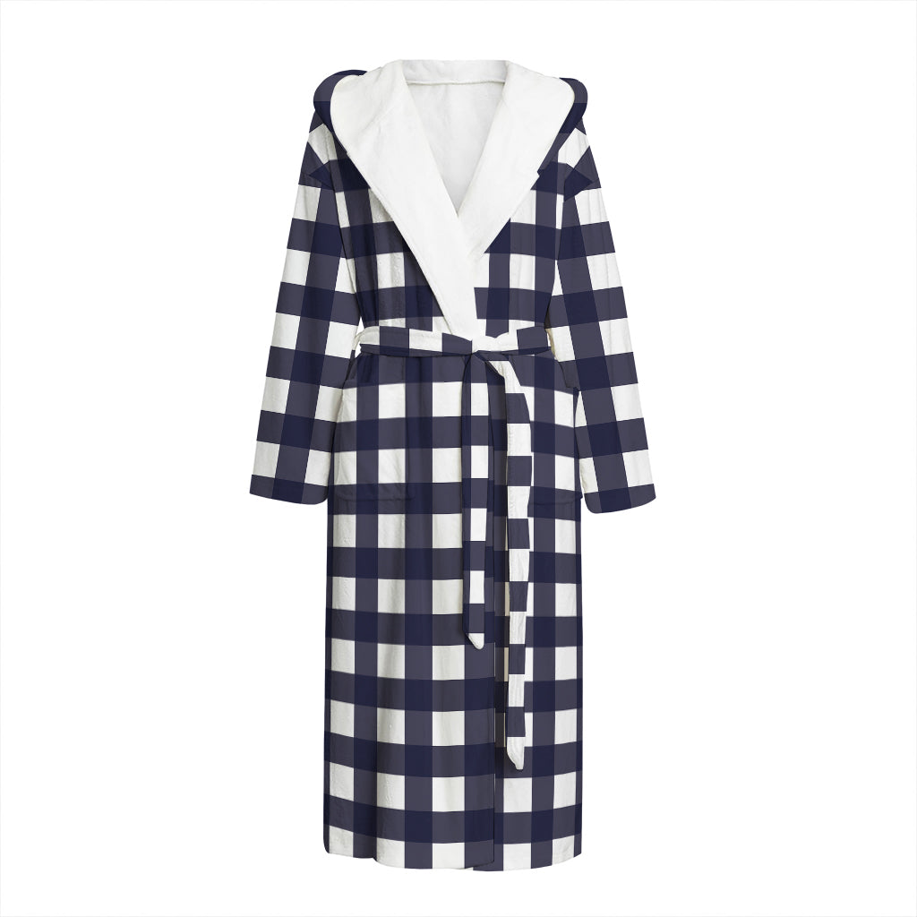 Navy And White Check Pattern Print Hooded Bathrobe