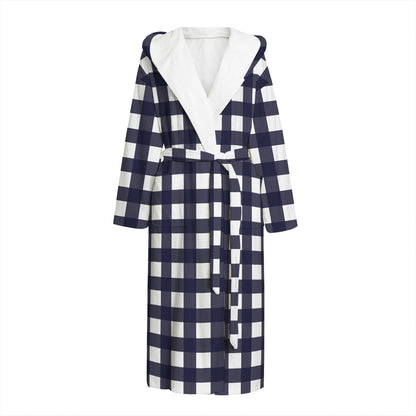Navy And White Check Pattern Print Hooded Bathrobe